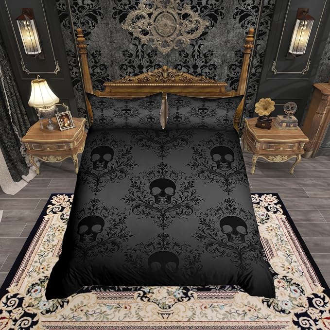 Manfei Black Gothic Skull Duvet Cover Set Queen Size, Vintage Damask Floral Print Bedding Set 3pcs, Antique Victorian Baroque Quilt Cover, Teen Man Woman Room Decor, 2 Pillowcases, No Comforter - skull bedding