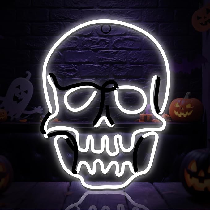 Flickering 13.5" Skull Neon Sign, 396 LED Pre-lit Halloween Skull Lights - skull lamp