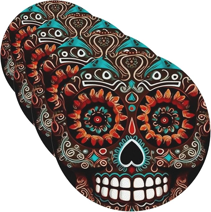Coasters for Drinks 4 Pack Leather Coaster with Holder Drink Coasters for Coffee Table 4" Cup Mat Pad Set Sugar Skulls Day of The Dead Bar Coaster Tabletop Protection Mat for Kinds of Cups - skull coaster