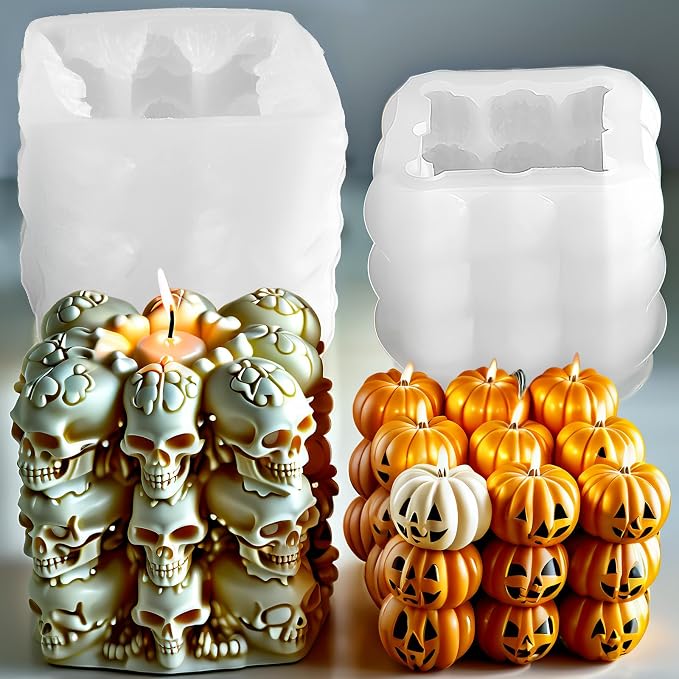 2Pack Halloween Candle Molds Pumpkin Candle Molds Skull Silicone Mold Cube Bubble Pumpkin Skull Silicone Mold 3D Halloween Resin Mould for DIY Epoxy Resin Casting Handmade Aromatherapy Candle Wax Soap - skull candle