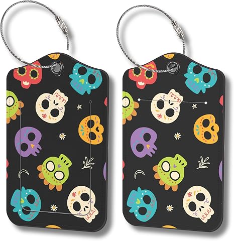 Luggage Tags for Suitcases, 2-Pack PU Leather for Cruise & Travel, Baggage ID Tags with Privacy Cover & Address Card, Durable Metal Ring, Kids Adults Travel Accessories, Sugar Skulls - skull suitcase
