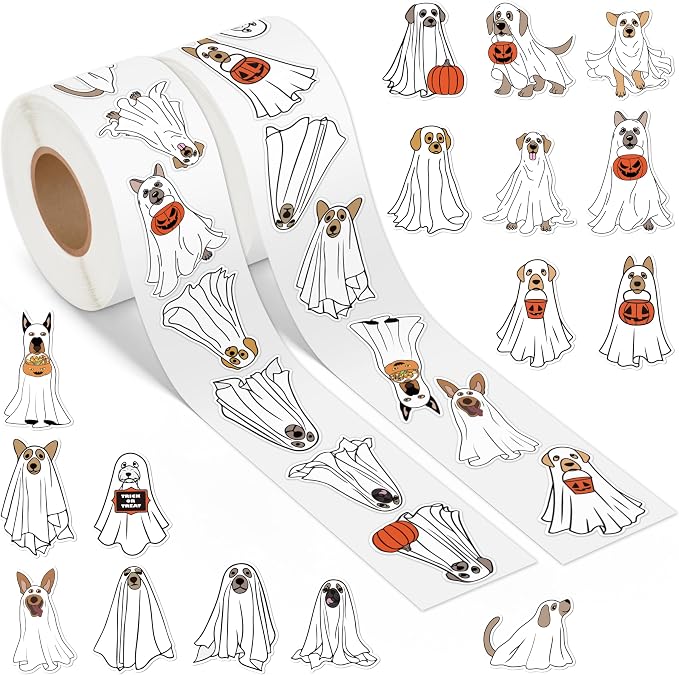 Halloween Ghost Dog Stickers - 2 Rolls 1000pcs Cute Dogs Halloween Party Trick or Treat Vinyl Sticker Decoration, Funny Pet Decal Label Decor Supplies for Women Men Cup Scrapbook Bottle Laptop - skull sticker