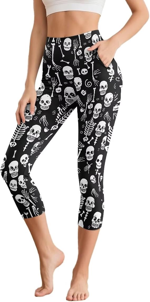 Xhuibop Capri Leggings with Pockets for Women High Waisted Compression Yoga Pants - skull leggings