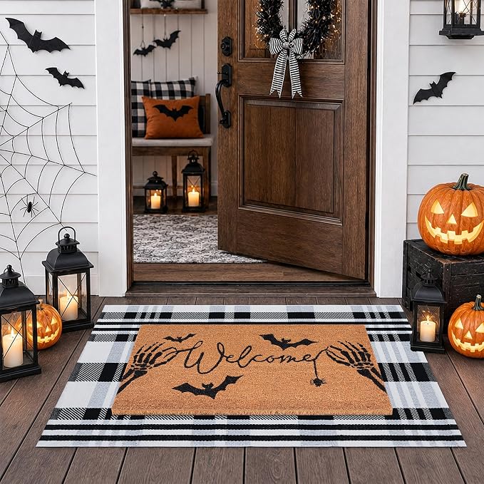 Halloween Welcome Door Mat Combo Set, Skeletal Hand Coco Coir Doormat -28" x 43" Black and White Striped Rug, Autumn Front Porch Entryway Decor Floor Mat - skull carpet