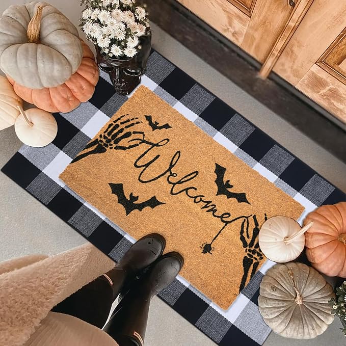 Halloween Welcome Door Mat Combo Set, Skeletal Hand Coco Coir Doormat -28" x 43" Black and White Plaid Rug, Autumn Front Porch Entryway Decor Floor Mat - skull floor mat