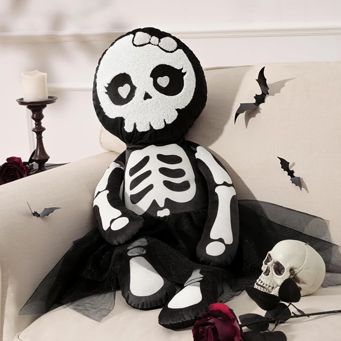 Phantoscope Happy Halloween Shaped Throw Pillow, Skeleton Girl Shaped Pillow, Soft Velvet Embroidery 3D Skull Pillow Halloween Decorative Cushion for Couch, Black, 32 x 14.5 inch - skeleton