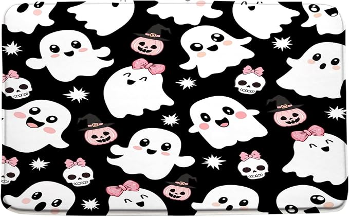 Halloween Ghost Bath Mat Black and White Spooky Cute Bowknot Funny Cartoon Gothic Skull Horror Festival Decor Bathroom Rug Floor Mat - skull toilet mat
