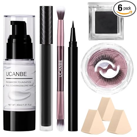 UCANBE Halloween Makeup Kit – Black Eyeshadow, White Liquid Foundation, Black Liquid Lipstick & Eyeliner, Self Adhensive Eyelashes, Brush & Sponges Makeup Set for SFX Cosplay Skeleton Skull Demon - sugar skull makeup