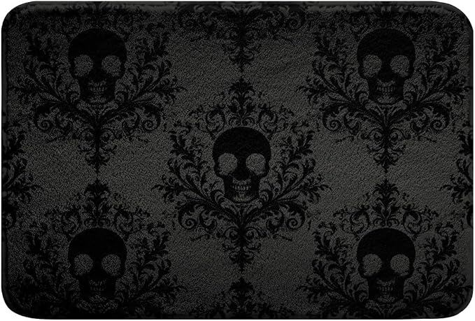 Black Gothic Skull Bath Mats Vintage Damask Floral Print Bathroom Mats Rugs, Antique Victorian Baroque Bath Carpets, Woman Room Decor, Non Slip Absorbent Plush Floor Rugs, 16Wx24L Inches