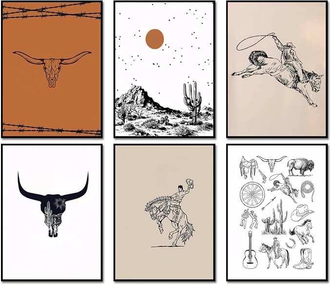 Vintage Western Cowboy Poster Set of 6, Southwestern Wall Art Longhorn Bull Skull Wall Decor Mid Century Retro Desert Canvas Painting Prints for Bedroom Living Room Dorm 8x10 inch Unframed - skull wall art