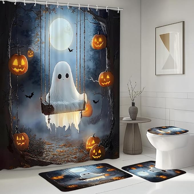4 Pcs Gothic Ghosts Shower Curtain Set with Rugs Toilet Lid Cover U Shape Pumpkin Halloween Day Full Moon Spooky Bat Horror Animal Dead Forest Goth Haunted House Bathroom Shower Curtains 12 Hooks - skull toilet rug