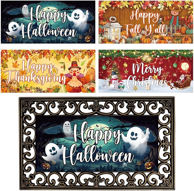 4Pcs Doormat Inserts Holidays Door Mat Inserts Interchangeable Entrance Doormats Welcome Doormat Halloween Thanksgiving Fall Christmas Front Door Mat for Front Door Outdoor Indoor Decor 22 x 10 In