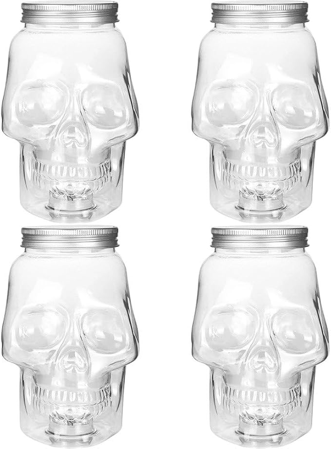 4 Pcs Spooky Skull Clear Drink Bottle Empty Drinking Bottles with Lids Milk Beverage Bottles Candy Cookies Jar for Halloween Party Supplies