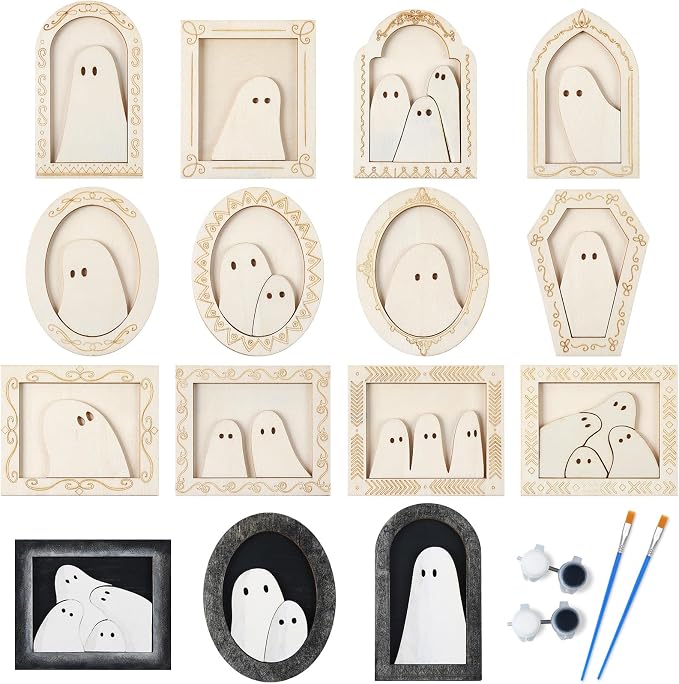 Simgoing Adult Halloween Craft, Wood Ghost DIY Fram, 12 Set, Ordinary Style - skull painting