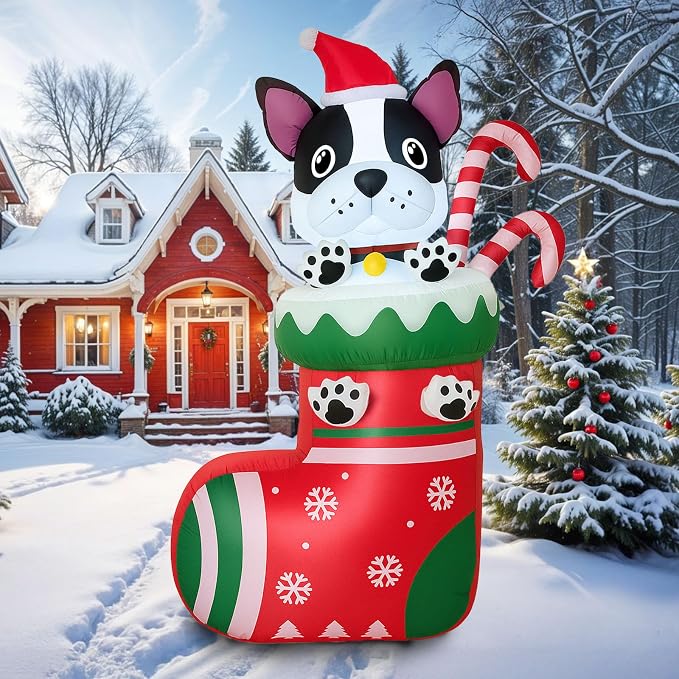 OurWarm 6FT Christmas Inflatables Dog in Stocking, Christmas Blow Up Yard Decorations with Built in LED Lights and Candy Cane, Xmas Inflatables Outdoor Decorations for Party Holiday Garden Lawn - skull inflatable