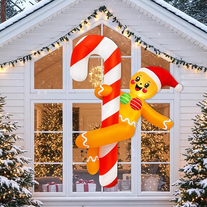 OurWarm 6 FT Funny Christmas Inflatables Outdoor, Gingerbread Inflatable Decorations Dance Around a Candy Cane Decor, Christmas Blow Up Yard Decorations for Lawn Indoor Garden Xmas Decor - skull inflatable