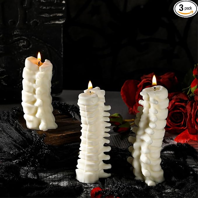 Nuanchu 3 Pcs Spine Candles Set Halloween Spooky Candles Spine Goth Decor Halloween Table Centerpiece Novelty Votive Decoration with 3 Sizes Gothic Gift for Skeleton Lover Chiropractor Party - skull candle