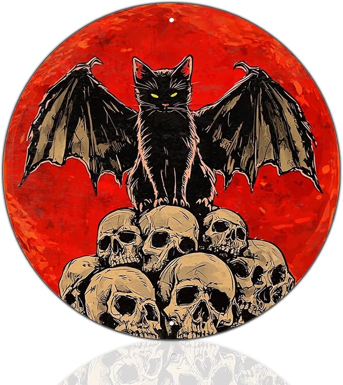 Halloween Metal Tin Sign Bat Wing Black Cat Round Decor Gothic Skull Cat Wall Art Vintage Spooky Porch Door Decor for Home Bar 12x12 Inch - skull sticker