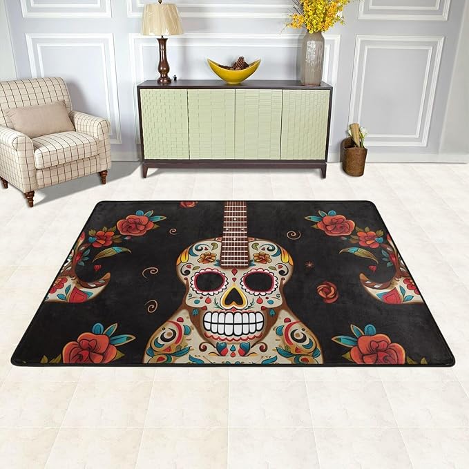 Area Rugs for Living Room Carpet Bedroom Rug Absorbent Non-Slip Indoor Floor Carpet Washable Large Rugs Soft Floor Mats Guitar Pepper Sugar Skull Throw Rug for Playroom Office Home Decor 36"x24" - skull carpet