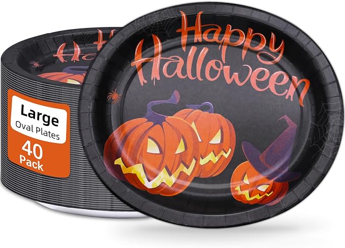 40 Pack Oval Halloween Plates 12 x 10 Inch Halloween Paper Plates Heavy Duty - Large Disposable Black Dinner Platters,Orange Pumpkin plates for halloween Party - skull plate