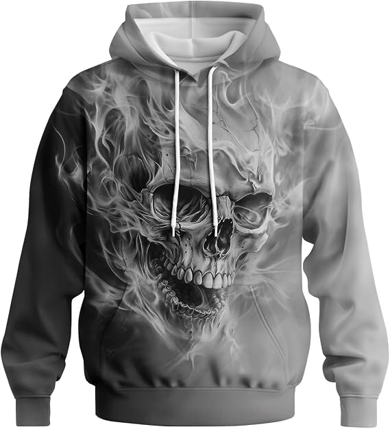 Mens Goth Skull Graphic Long Sleeve Pullover Hoodie - skull hoodie