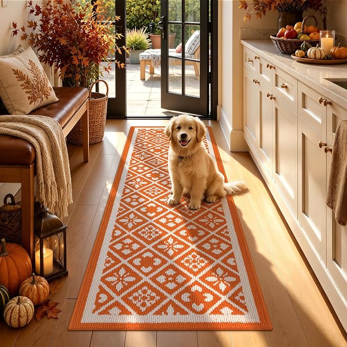 Fall Hallway Runner Rug Washable Orange Autumn Kitchen Mat 2x6 ft - skull carpet