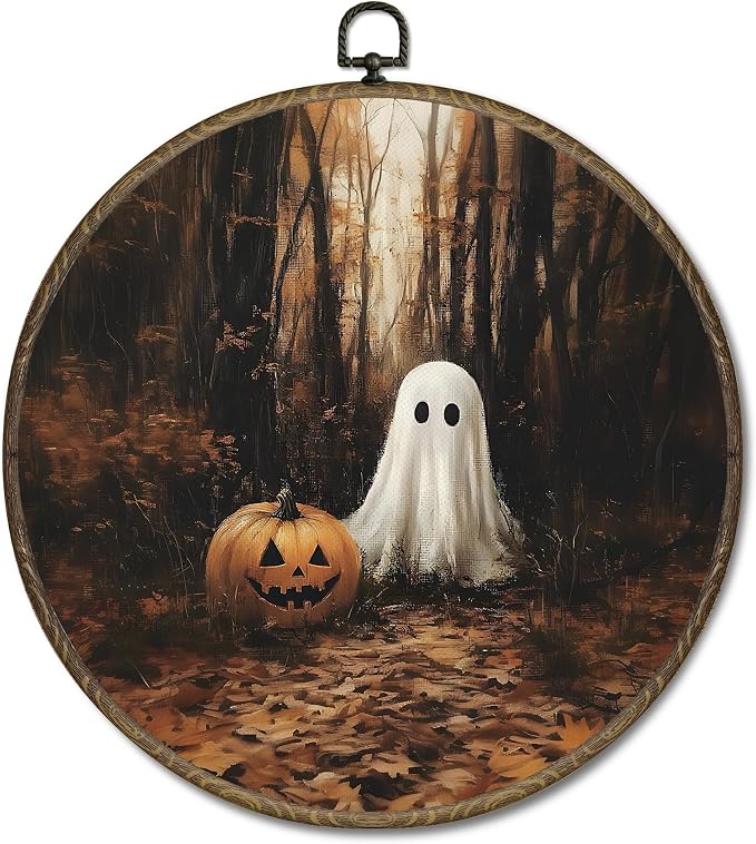 OINDADE Fall Ghost Halloween Round Wall Art Decor, Vintage Dark Cottagecore Ghost Wall Art Hanging Decor, Fall Halloween WallArt, Rustic Pumpkin Framed Canvas Artwork for Home Living Room, 10x10in - skull wall art