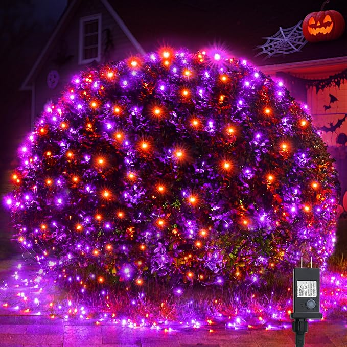 WBao Halloween Lights Outdoor 200LED 8.4ft x 5.2ft Orange Purple Halloween Net Lights with 8 Modes, Timer, Connectable, Waterproof & Dark Green Wire for Lawn, Bushes, Trees, Outdoor Holiday Decor - string light