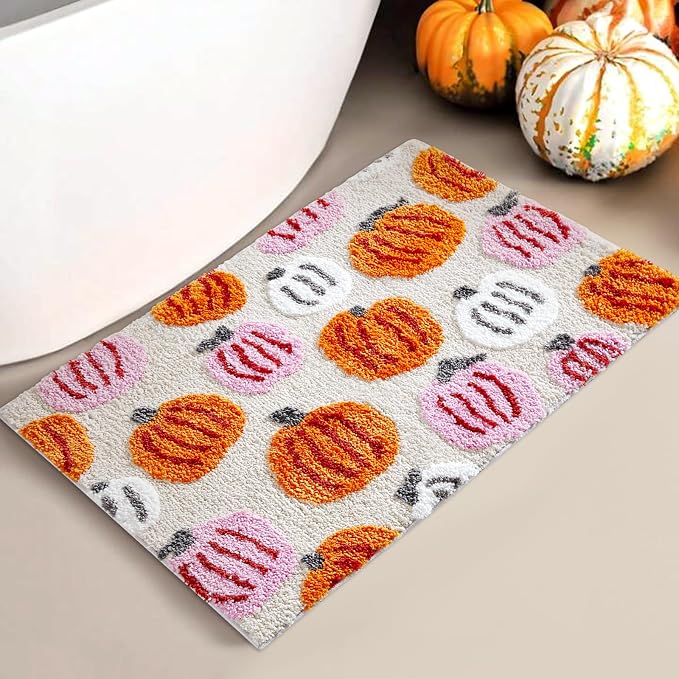 Cute Pumpkins Bath Mats Non Slip Washable, Microfiber Tufted Boho Colorful Fall Autumn Bath Rug Shaggy Absorbent, 16’’W x 24’’L Rustic Farmhouse Country Fall Bathroom Mat Aesthetic Decor - skull toilet mat