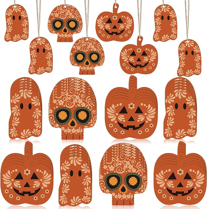 Geelin 24 Pcs Day of the Dead Wood Ornaments Sugar Skulls Pumpkins Ghosts - skull figurine