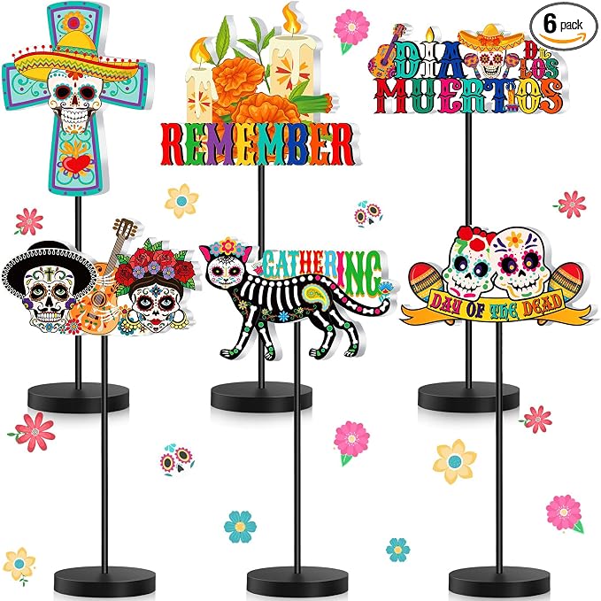 Wenqik 6 Pcs Dia De Los Muertos Table Decorations Wooden Sugar Skull Decor - skull figurine