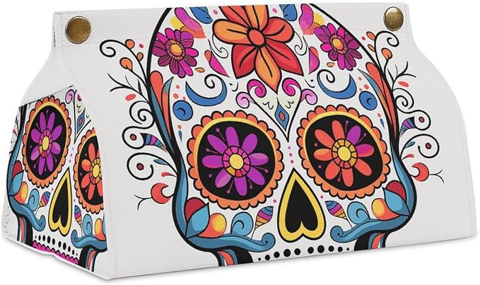 Sugar Skull Tissue Box Cover Modern PU Leather Tissue Case Stylish High-end Facial Paper Organizer Dispenser for Bathroom Vanity Countertop Nightstands Desk - skull toilet paper
