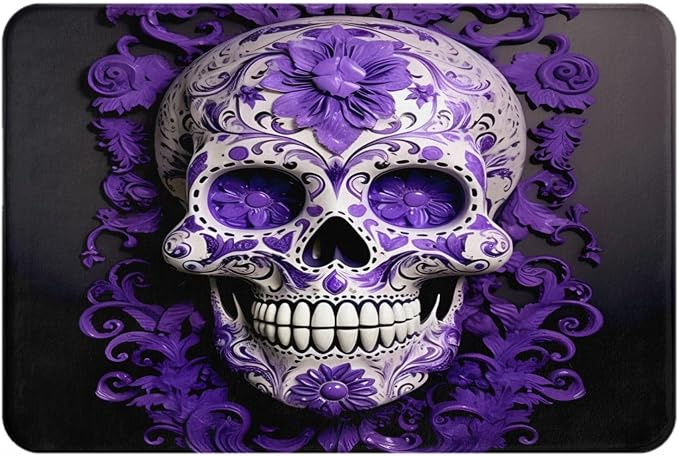 24x16in Area Rug Purple Floser and Sugar Horror Skull Print Washable Entry Rug Non-Slip Backing Rugs for Kitchen Floor, Front Door Indoor Door Mat, Bathroom, Bedroom Bedside - skull toilet mat