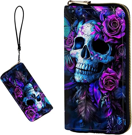 Women's RFID Blocking Wallet,Purple And Blue Skull - skull wallet