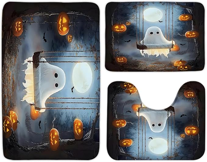 3 Pcs Bath Rugs Set,Gothic Ghosts Bath Mat Pumpkin Halloween Day Full Moon Spooky Bat Horror Animal Dead Forest Goth Haunted House Bathroom Mats Bedroom Floor Mat Living Room Rug 18"x30"+24"x36"+U - skull toilet mat