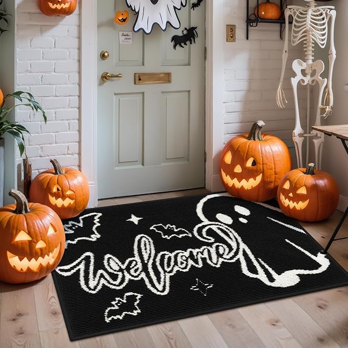 Halloween Door Mat 24x36inch,Black Ghost Welcome Doormat, Non Slip Low Profile Entryway Mat, Halloween Decor Front Porch Floor Mat, Enterway Floor Welcome Mats - skull floor mat