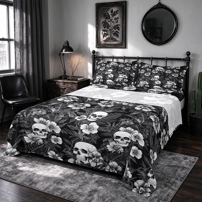 Halloween Skull Kids Sheet Queen Size,Human Skeleton Rose Flowers Trippy Bedding Set,Girls Boys Room Decor,Palm Leaf Botanical Gothic Black Retro Bed Sheet Set 4pcs(Fitted + Flat + 2 Pillowcases) - skull bedding