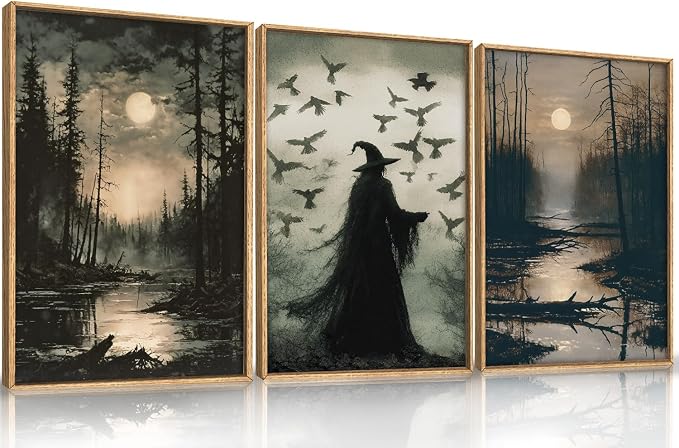 HLNIUC Large Halloween Decor Indoor, Witch Gothic Vintage Framed Wall Art 3pcs (16x24),Black Raven Dark Academia Pictures, Moody Moon Forest Spooky Canvas Painting for Living Room, Bedroom, Office - skull wall art