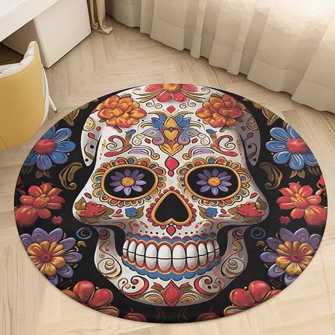 Circle Entryway Rug Non-Slip Absorbent Door Mat Sugar Skulls Small Circular Rug 90 * 90cm Indoor/Outdoor Area Rugs Coral Velvet Carpet for Bedroom, Kitchen, Front/Back Door, Farmhouse Decor - skull carpet