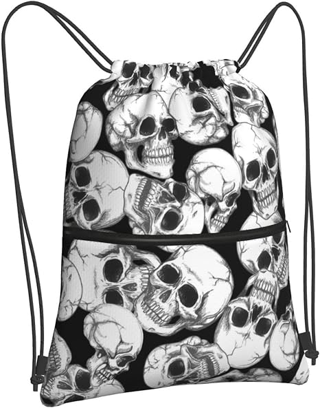 Halloween Goth Skull Drawstring Backpack, Gothic Black White Skeleton Drawstring Bag, Waterproof Durable String Sackpack, Large Capacity Cinch Sackpack for Yoga Sport Beach Gym Shopping - skull backpack
