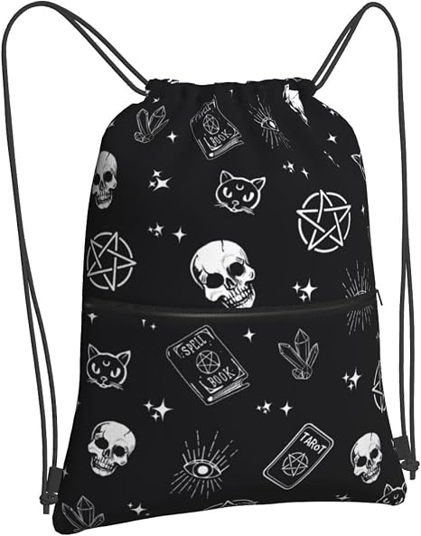 Gothic Skull Cat Magic Drawstring Bag, Halloween Goth Magic Book Drawstring Backpack, Light Large Capacity Durable String Sackpack, Waterproof Cinch Sackpack for Yoga Sport Gym Beach Shopping - string light