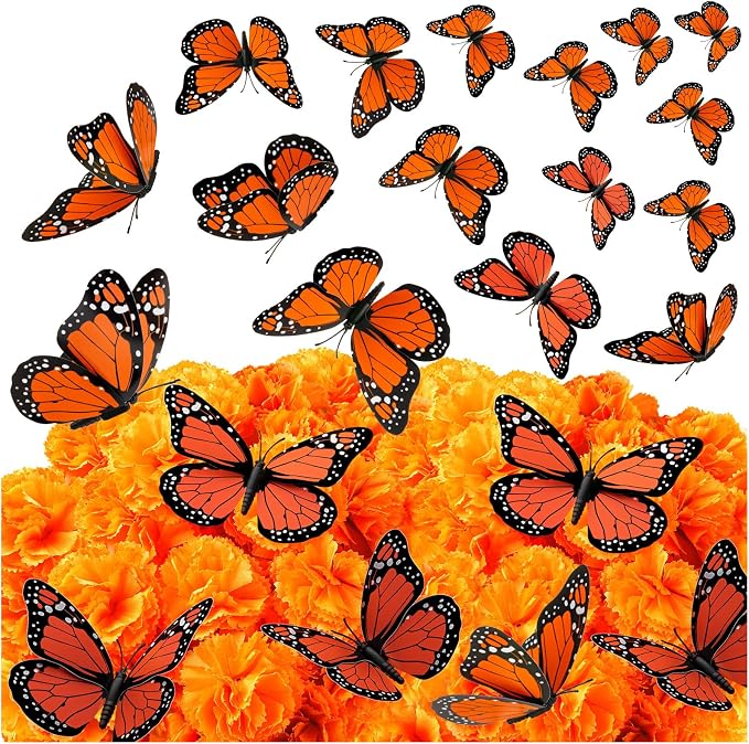 120pcs Marigold Flowers Heads with Monarch Butterfly Decorations - skull wreath