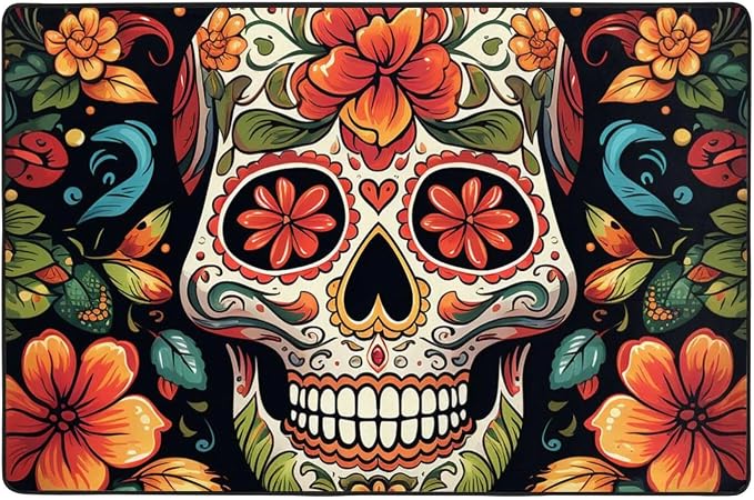 Modern Area Rug 36"X24",Short Plush Ultra Soft Entryway Carpet Washable Non Slip Floor Mats Colorful Sugar Skull Throw Rugs for Living Room Bedroom Office Dorm Home Decor - skull carpet
