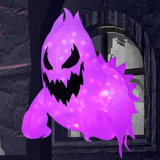Joiedomi 4.5 FT Halloween Inflatable Scary Ghost Outdoor Decoration, Inflatable Window Breaker Decoration with Rotating Purple LEDs, Blow Up Ghost Halloween Window Decor for Party Garden Yard Decor - skull inflatable