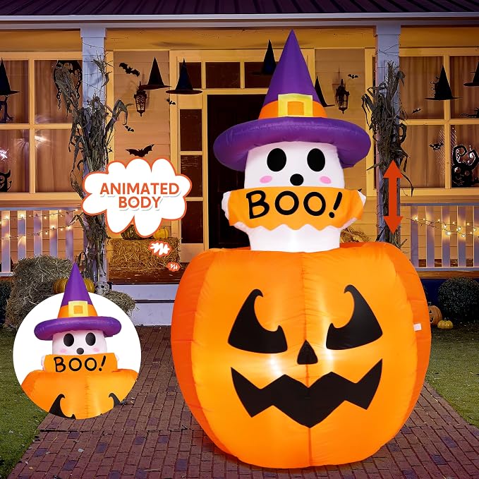 Joiedomi 5ft Tall Halloween Animated Inflatables Outdoor Decorations, Inflatable Ghost on Pumpkin with LEDs, Cute Blow Up Pumpkin Ghost Decor for Outside Yard Outdoor Lawn Garden Party Decoration - skull inflatable