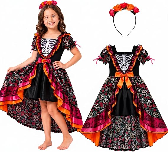 2PCS Day of the Dead Costume for Girls, Skeleton Dress with Flower Headband - sugar skull makeup