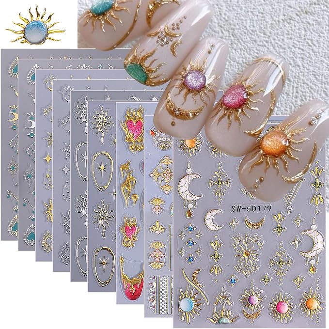 Sun Nail Stickers Decals 9 Sheets Bohemian Style Nail Art Stickers 5D/3D Embossed Self Adhesive Moon Star Heart Flame DIY Metallic Designs Gothic Decoration Supplies Nail Accessories for Women - skull sticker