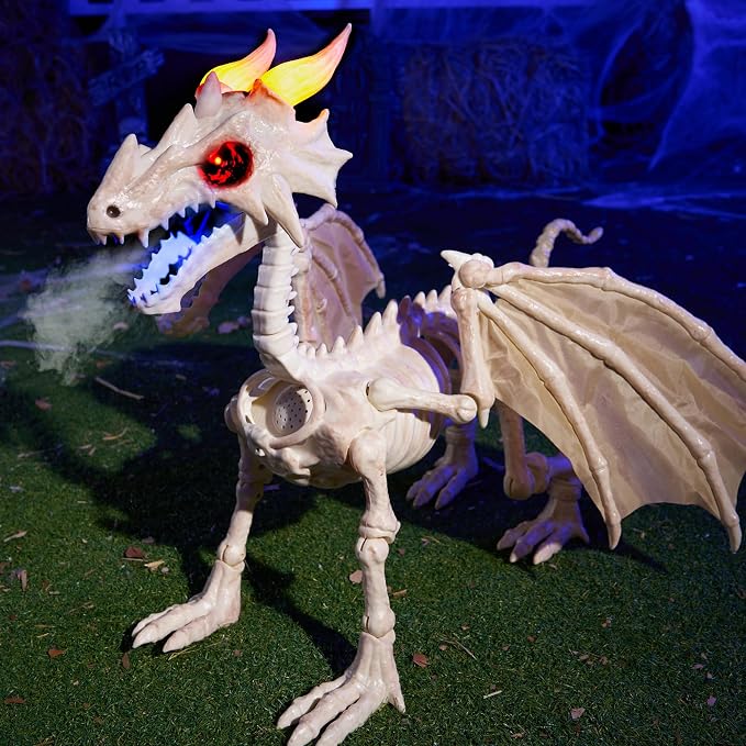 JOYIN Dragon Skeleton Halloween Decoration, 23.6" Roaring Mist-Spraying Dragon with Wings, LED, Posable Joints, Sound Motion Activated Animal Skeleton Animatronic for Haunted House (Battery Operated) - skeleton