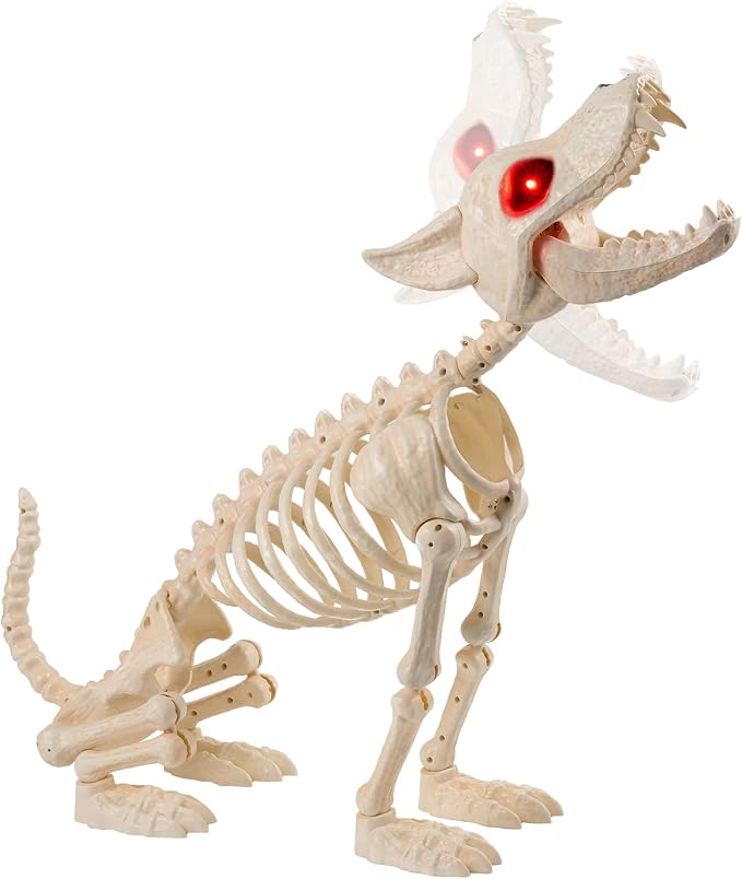 JOYIN Howling Wolf Skeletons Halloween Decorations 34” Skeleton Dog with Red LED Eyes, Auto-Chin Opening and Closing, Movable Posable Joints Animal Skeleton for Outdoor Indoor Garden Graveyard Decor - skeleton