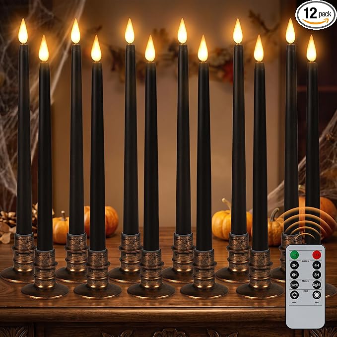 12 Pcs Halloween Black LED Flameless Candles with Remote, Bases